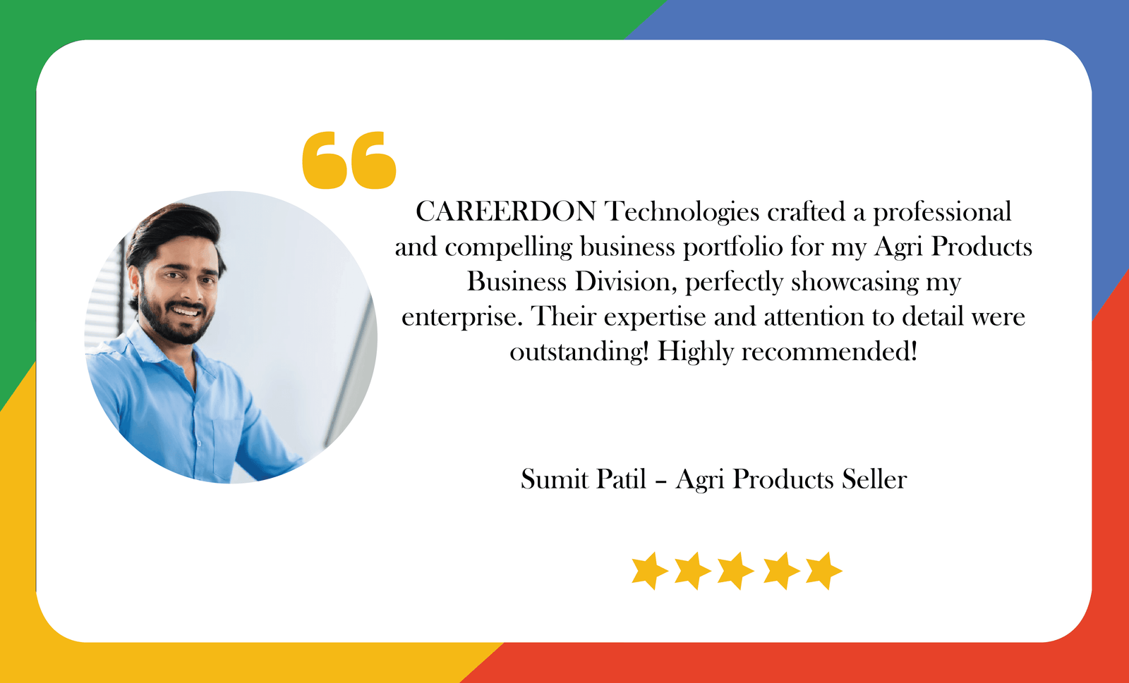 Google Testimonial for CAREERDON – Professional Business Portfolio Writing for Agri Products Business