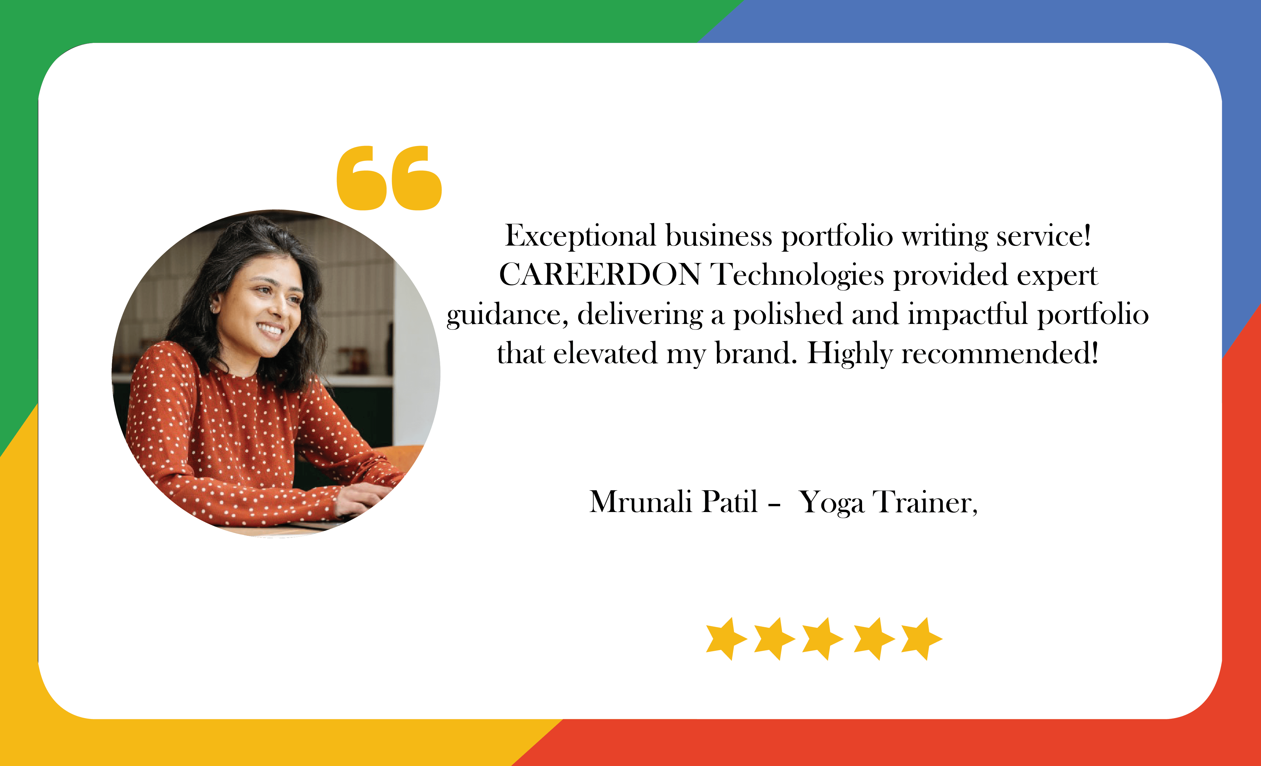 Google Testimonial for CAREERDON – Professional Business Portfolio Writing for Yoga Trainer