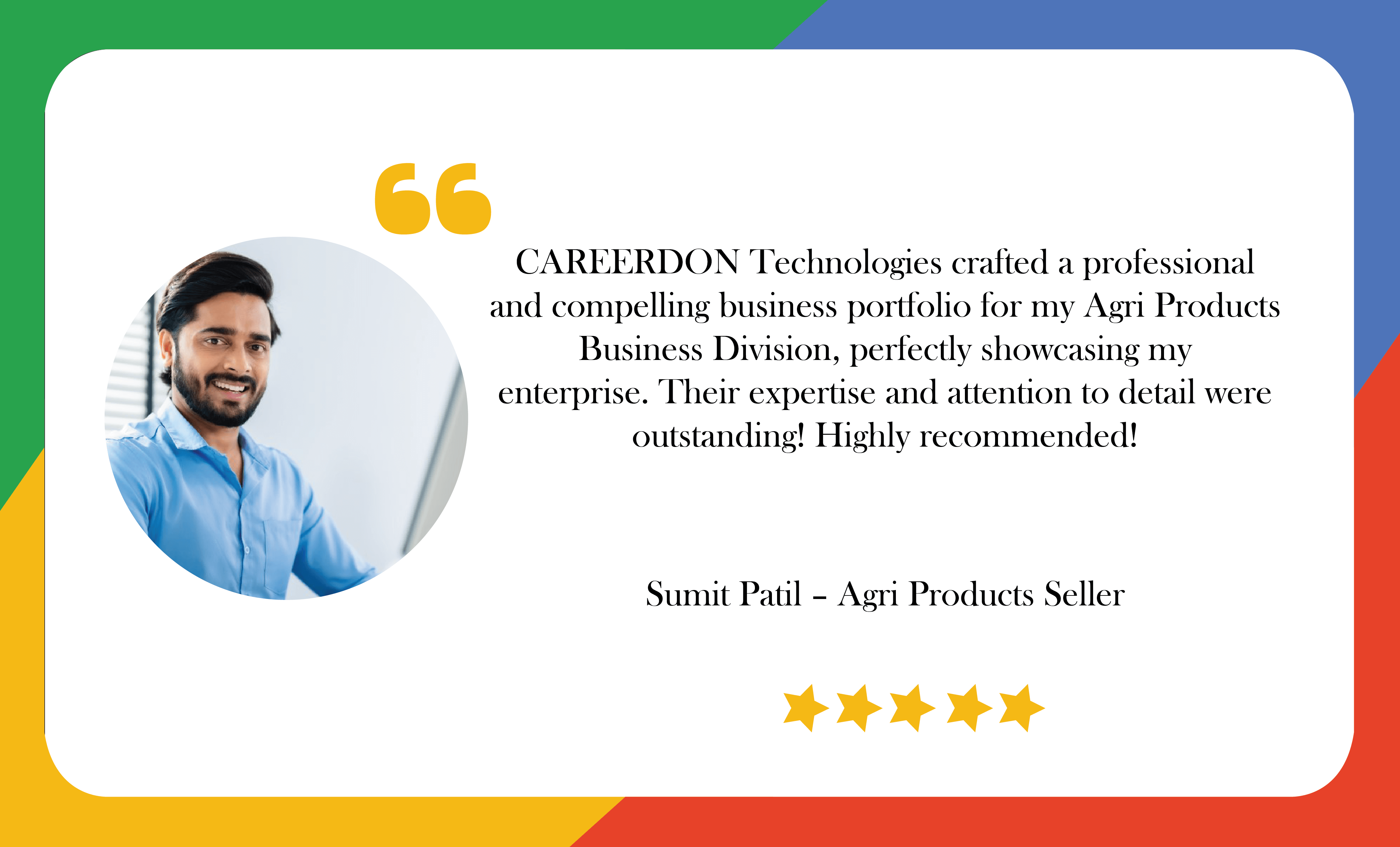 Google Testimonial for CAREERDON – Professional Business Portfolio Writing for Agri Products Business